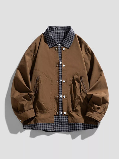 Men's Plus Size Plaid Trim Snap Down Casual Jacket - Farnelli