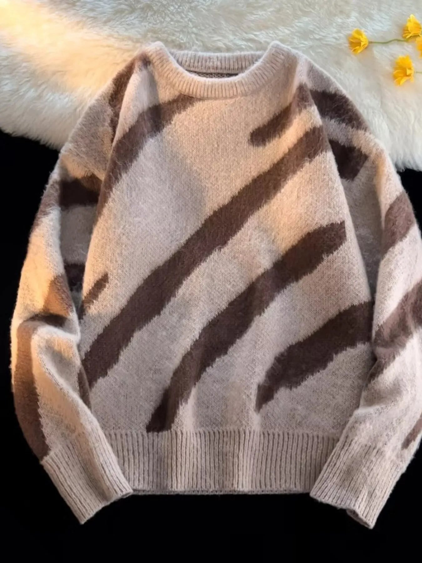 Men's Striped Fuzzy Knit Pullover Sweater - Farnelli