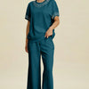 Double Take Full Size Pearl Detail Round Neck Top and Pants Set - Deep Teal