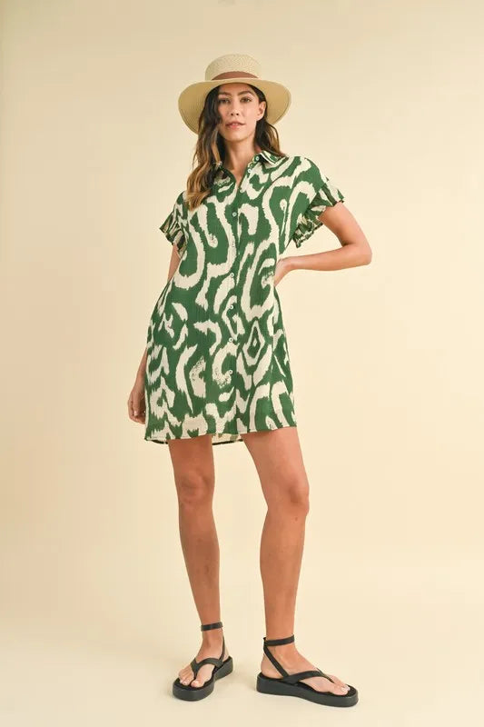 Annie Wear Abstract Printed Frill Sleeve Shirt Mini Dress - Farnelli