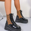 Lace Up Wedge Platform Boots - Leopard