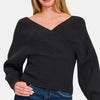 Zenana Cross Wrap Rib Long Sleeve Sweater - Black