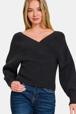 Zenana Cross Wrap Rib Long Sleeve Sweater - Farnelli