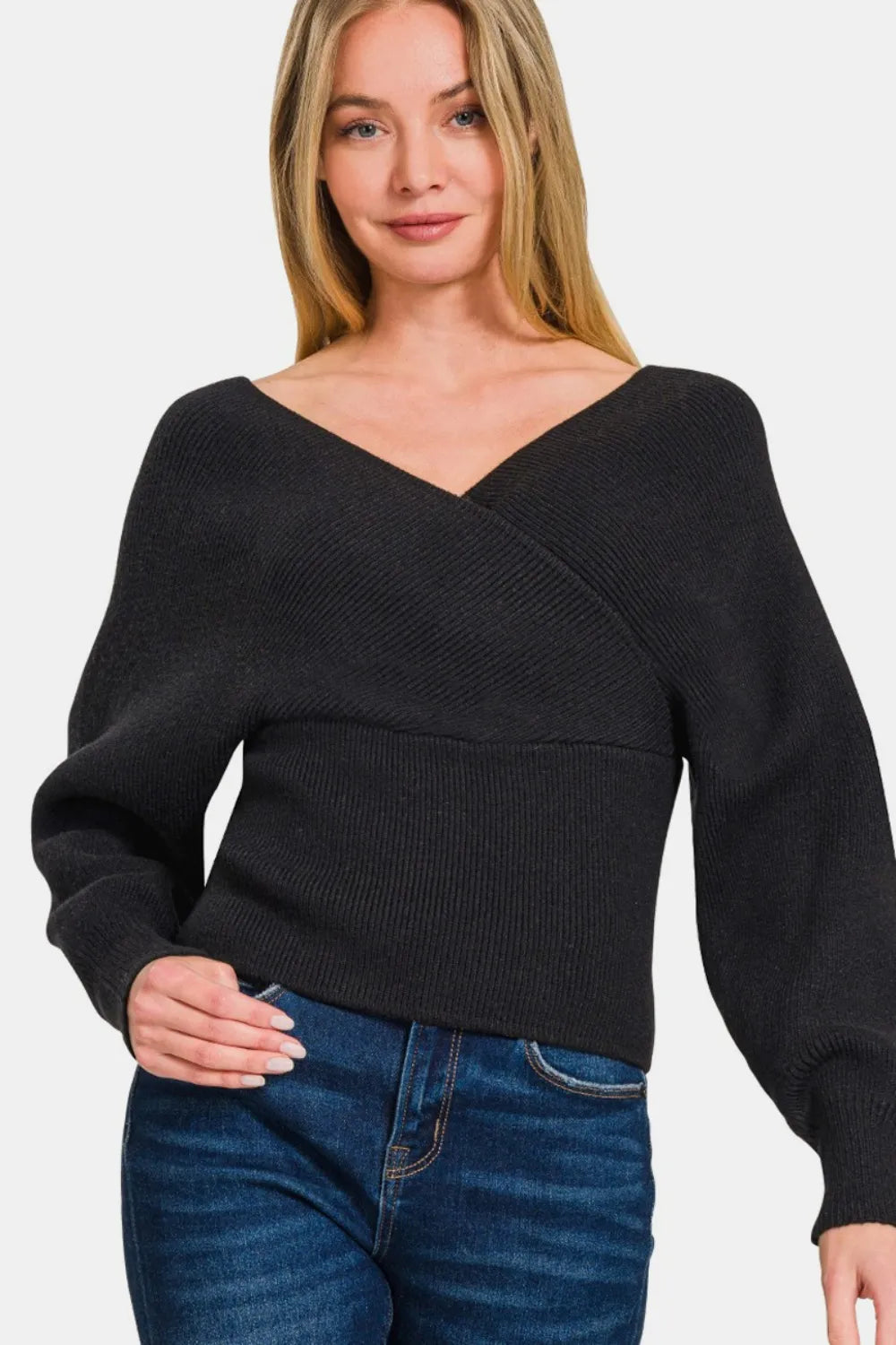 Zenana Cross Wrap Rib Long Sleeve Sweater - Farnelli
