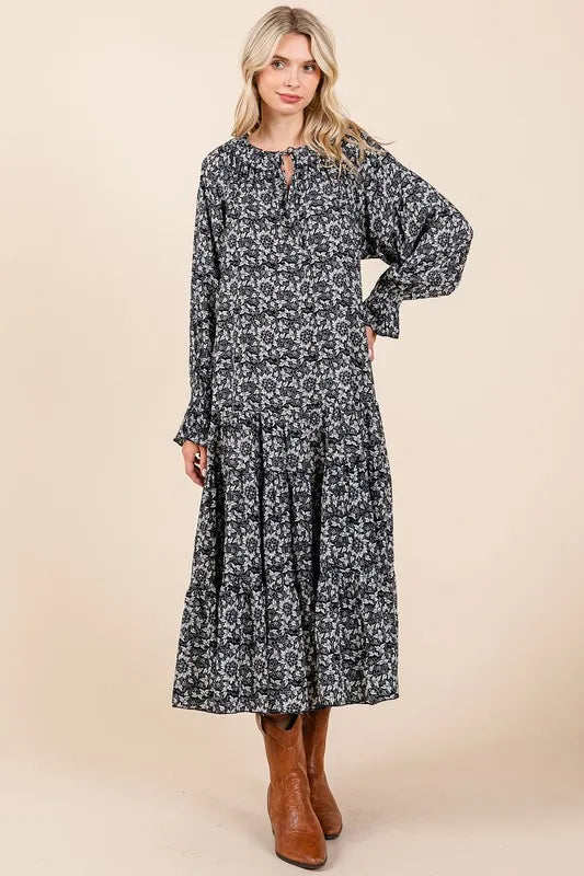 Mittoshop Printed Tie Neck Flounce Sleeve Midi Dress - Farnelli
