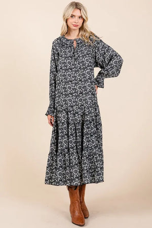 Mittoshop Printed Tie Neck Flounce Sleeve Midi Dress - Farnelli