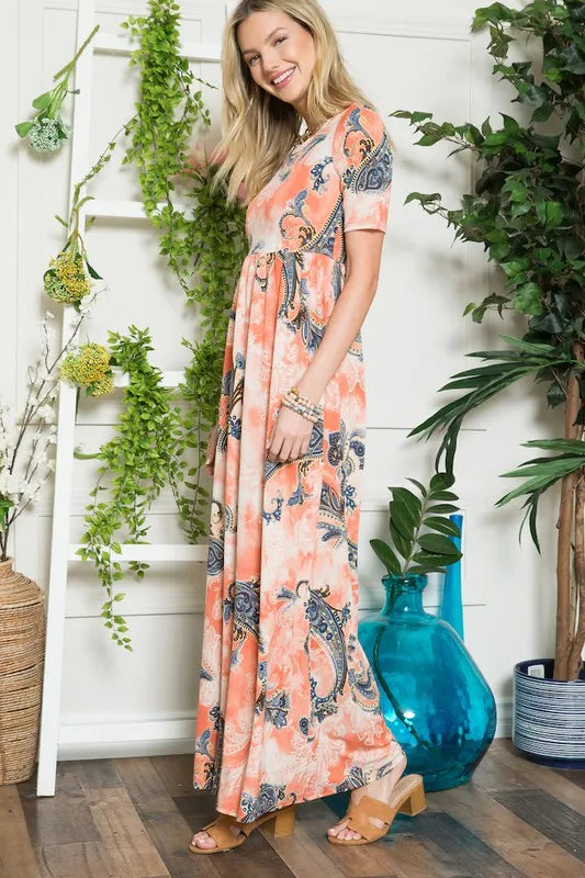 Celeste Paisley Print Short Sleeve Maxi Dress with Pockets - Farnelli