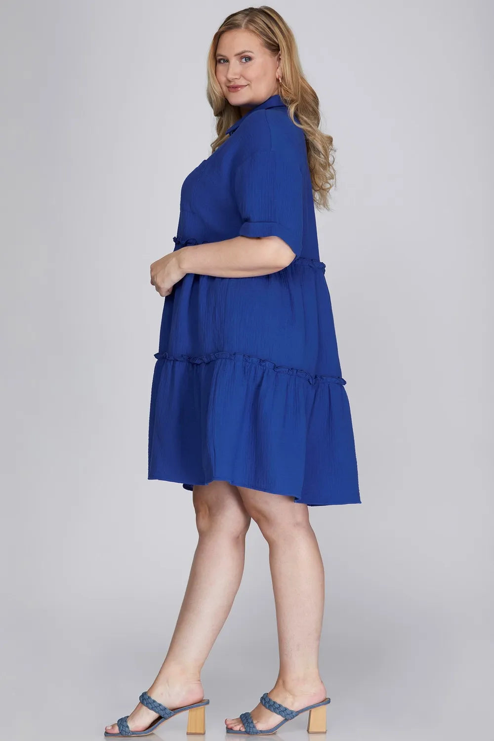 She + Sky Full Size Button Front Frill Tiered Mini Dress Plus Size - Farnelli