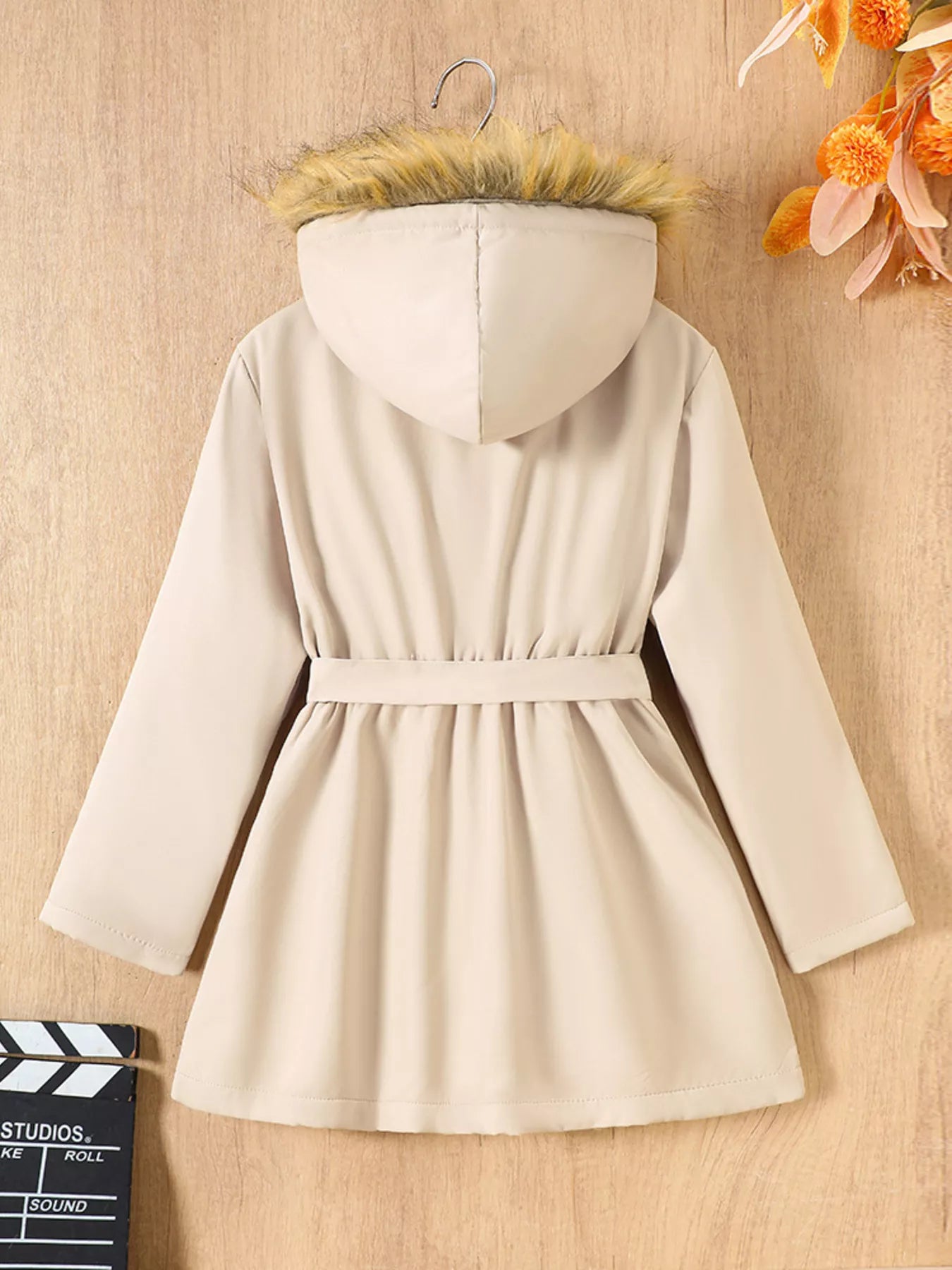 Children's Tie Waist Faux Fur Hooded Outerwear - Farnelli