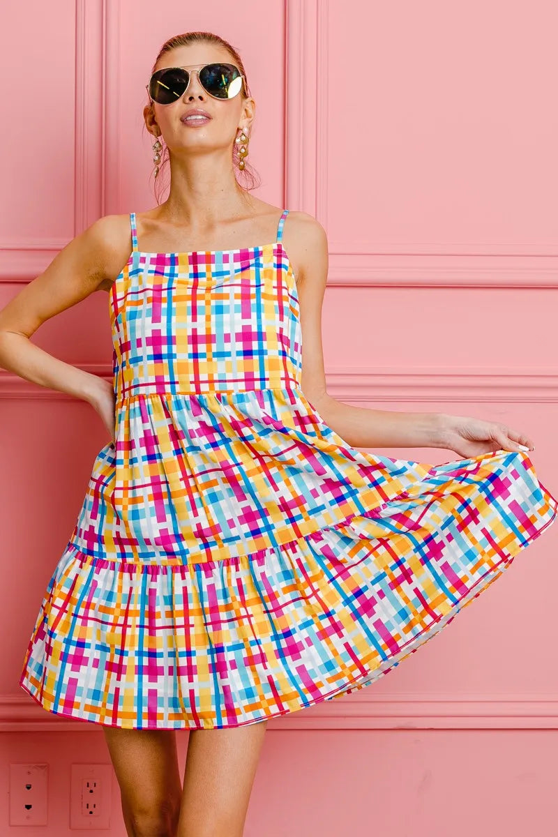 BiBi Multi Colors Plaid Sleeveless Sun Dress - Farnelli