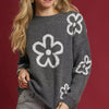 Umgee Round Neck Sweater with Floral Accents - CHARCOAL