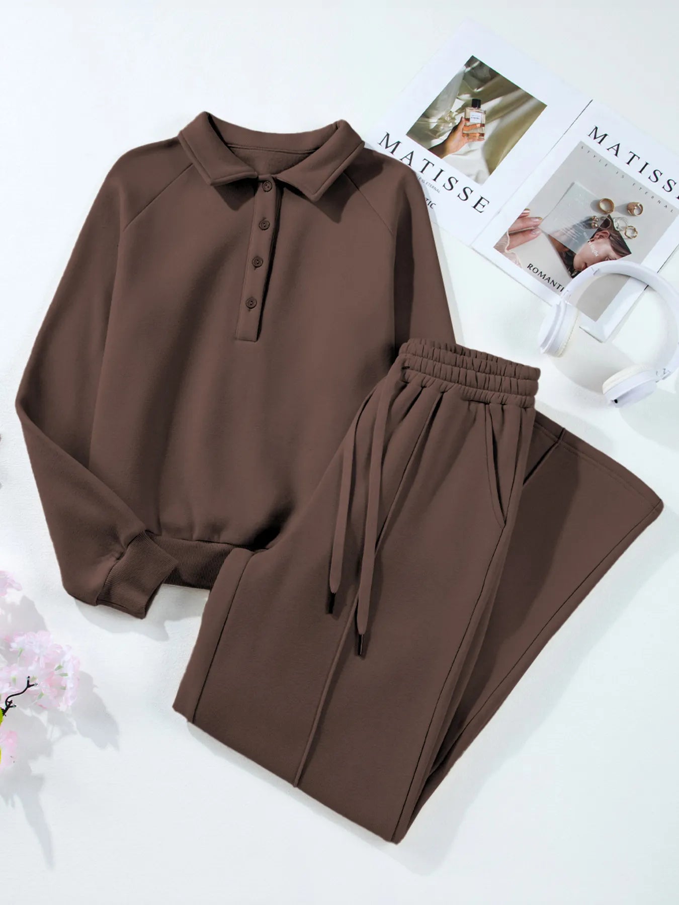 Collared Sweatshirt and High Waist Pants Active Set - Farnelli