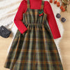 Children's Long Sleeve Top and Plaid Dress Set - Multicolor