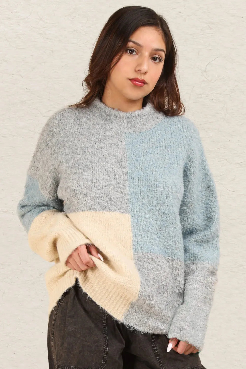 VERY J Color Block Mock Neck Drop Shoulder Sweater - Farnelli