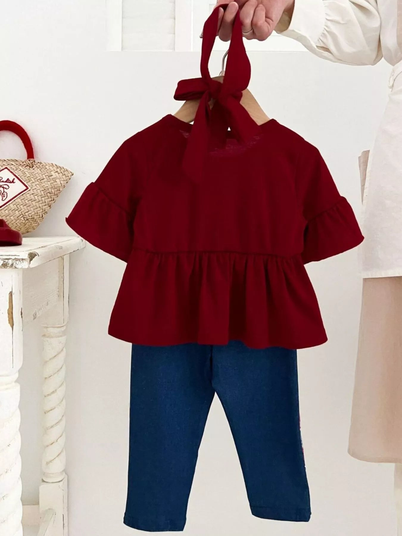 Children's Ruffle Sleeve Top & Floral Patch Pants Set - Farnelli