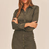 MABLE Front Ruched Button-Down Skinny Mini Shirt Dress - Dk Olive