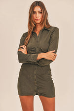 MABLE Front Ruched Button-Down Skinny Mini Shirt Dress - Farnelli