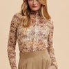 Annie Wear Floral Lettuce Hem Sheer Mesh Top - Ivory/Gold