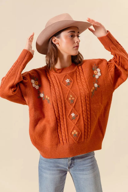 SO ME Embroidered Flower Cable Knitted Sweater - Farnelli