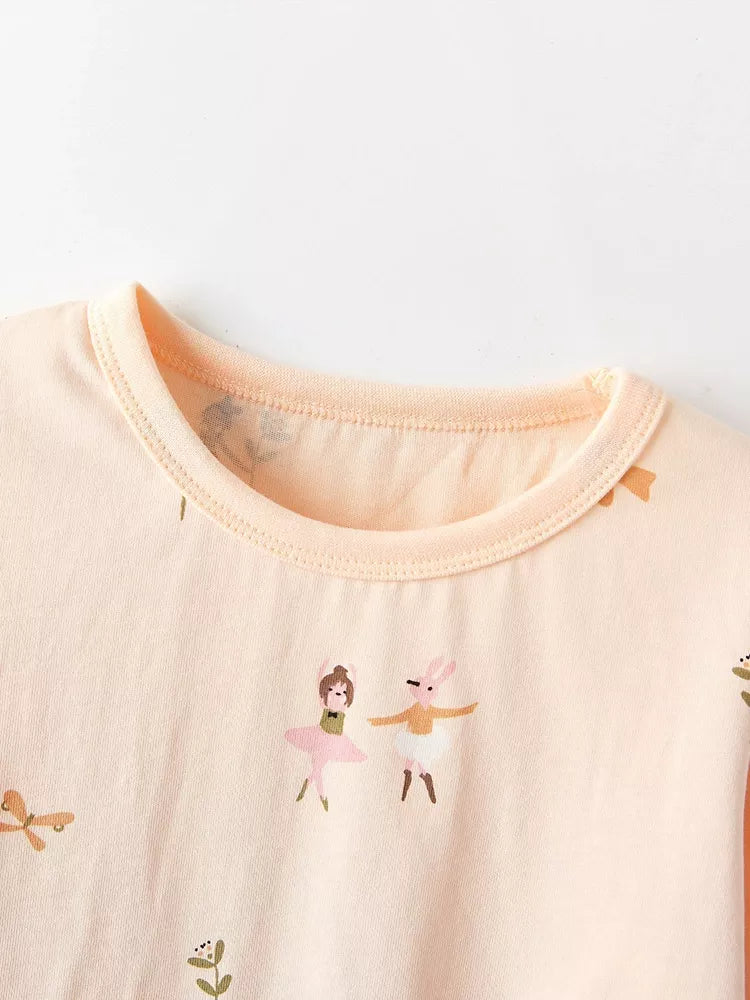 Children's Ballerina Print Round Neck Top and Pants Pajama Set - Farnelli