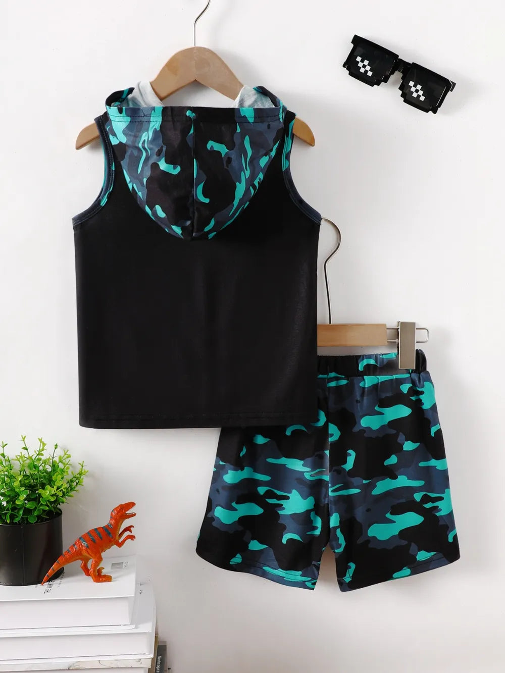 Children's Dinosaur Sleeveless Hooded Top and Pants Set - Farnelli