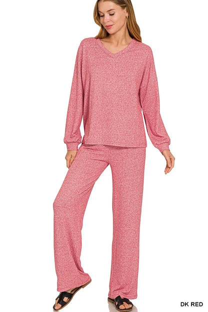 Zenana Soft Melange Long Sleeve Tee & Pants Set - Farnelli