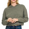 Zenana Drop Shoulder Ribbed Crop Hoodie - DK OLIVE