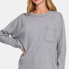 Zenana Full Size Contrast Stitching Brushed Ribbed Hacci Knit Top - Gray