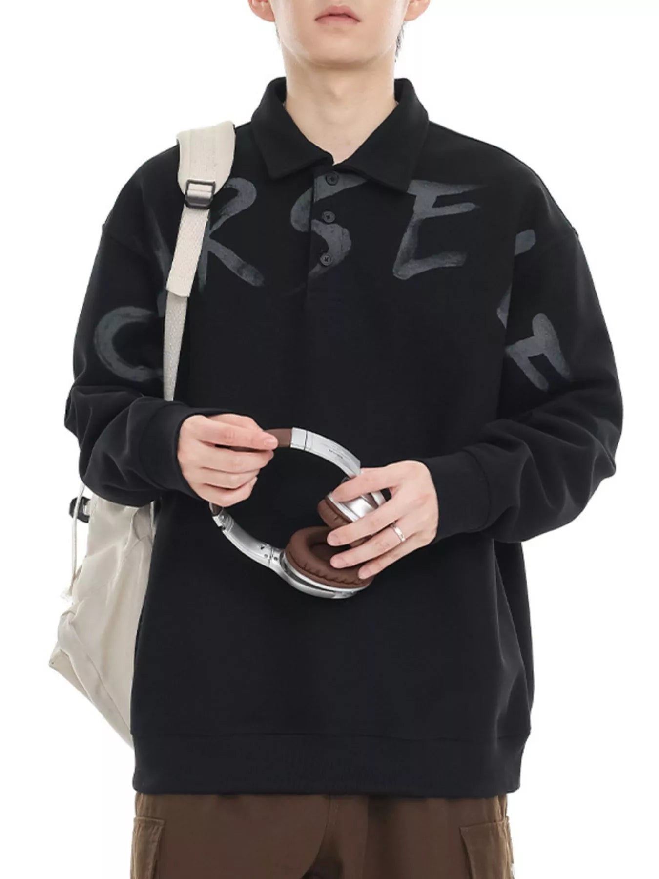 Men's Plus Size Letter Long Sleeve Polo Sweatshirt - Farnelli