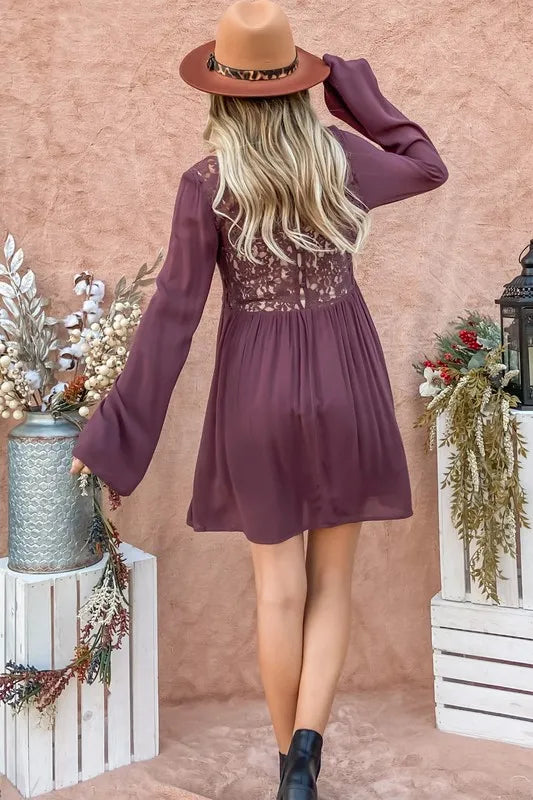And The Why Back Lace Button Down Detail Bell Sleeve Dress - Farnelli