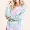 BiBi Tie Dye Terry Top with Wide Stripe Thermal Waffle - H.GREY/IVORY