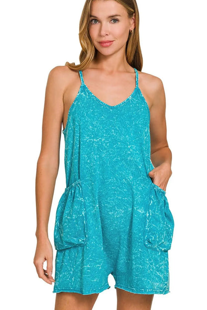 Zenana Acid Crinkle Washed Spaghetti Strap Romper - Farnelli