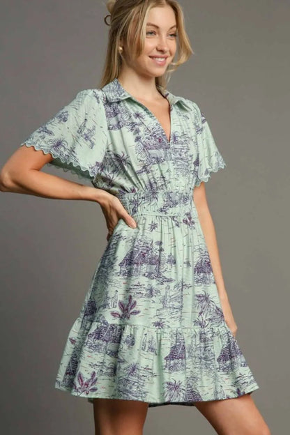 Umgee Full Size Landscape Print Collared Mini Dress Plus Size - Farnelli