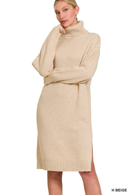 Zenana Turtle Neck Long Sleeve Midi Sweater Dress - Farnelli