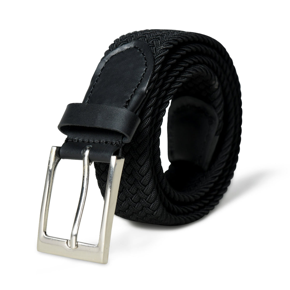 Black braided canvas belt with leather accents, stylish and durable, from Classy Leather Bags, shown with buckle and adjustable length.