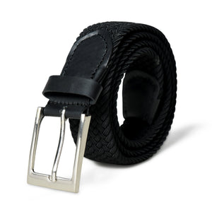 Black braided canvas belt with leather accents, stylish and durable, from Classy Leather Bags, shown with buckle and adjustable length.