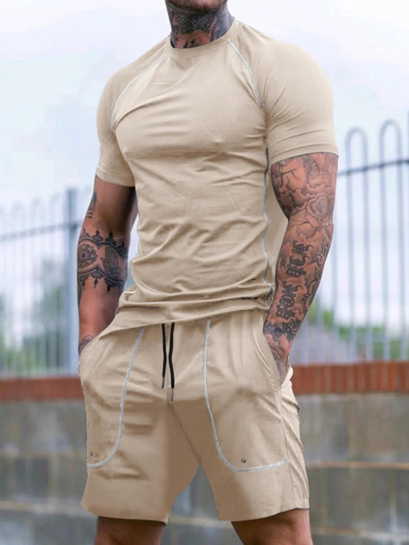Men's Full Size Round Neck Short Sleeve T-Shirt and Shorts Set Plus Size - Farnelli