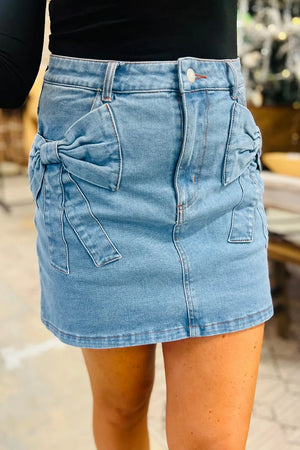 Acid Wash Bowknot Details High Waist Denim Skirt - Farnelli