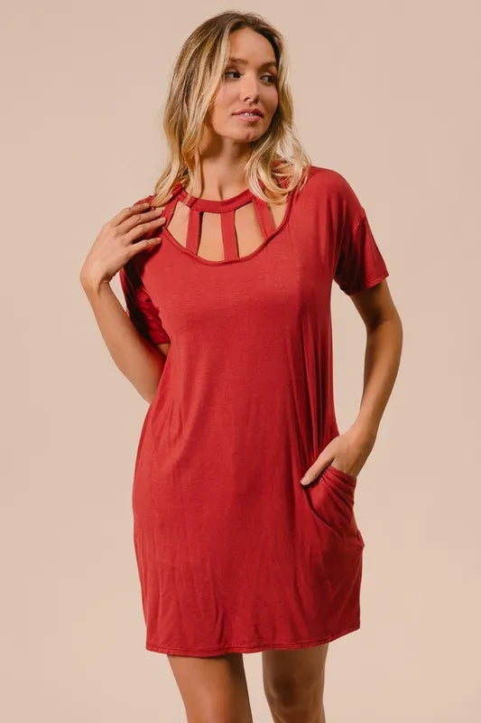 BiBi Front Cutout Mini Tee Dress with Pockets - Farnelli