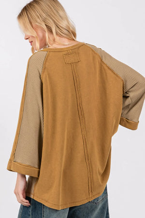 SAGE + FIG Star Applique Patch Exposed Seam Waffle Knit Top - Farnelli