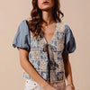 SO ME Crochet Lace Tie Front V Neck Blouse Top - DENIM BLUE
