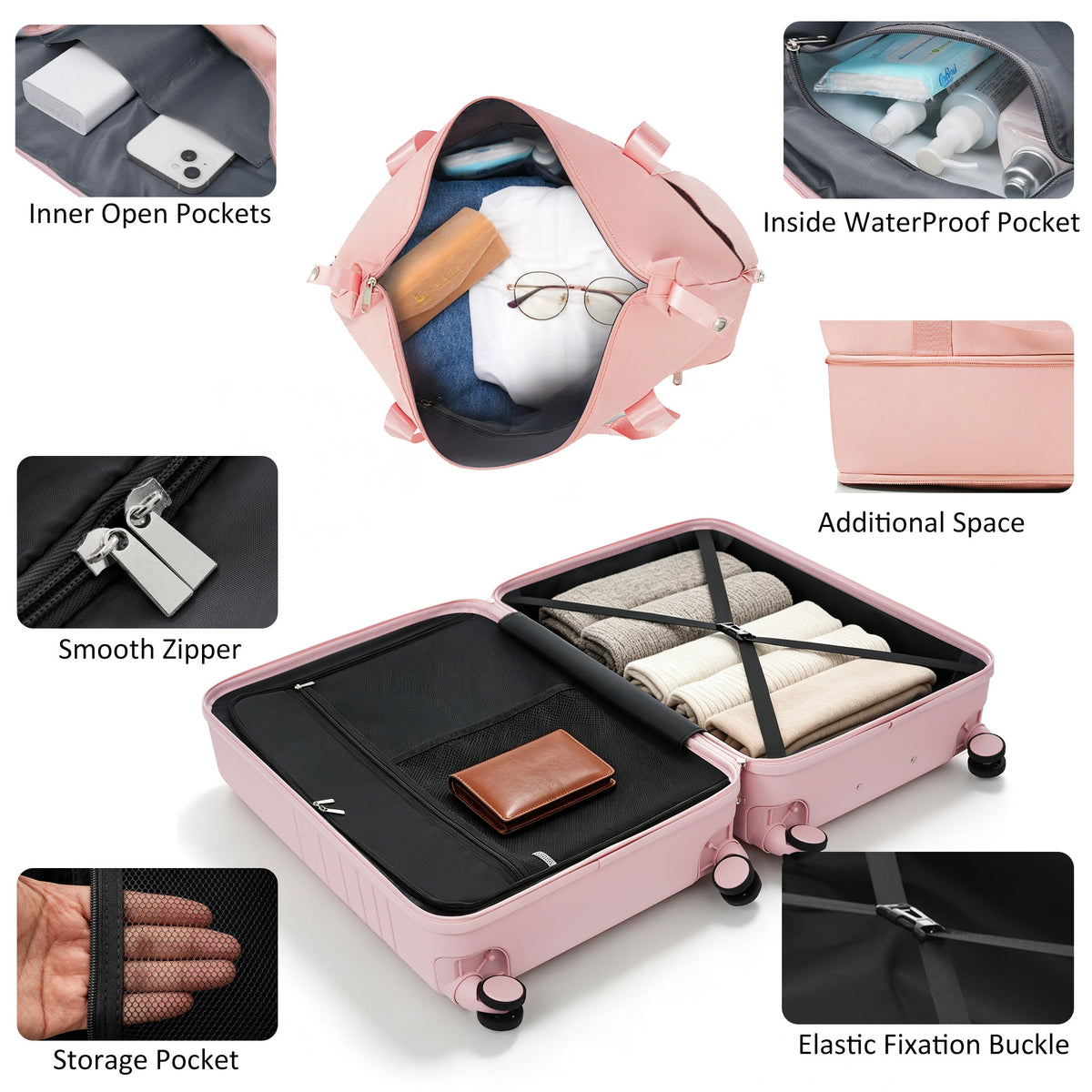HouseOfZazla 4-piece hard case luggage set with USB charging ports and rolling wheels