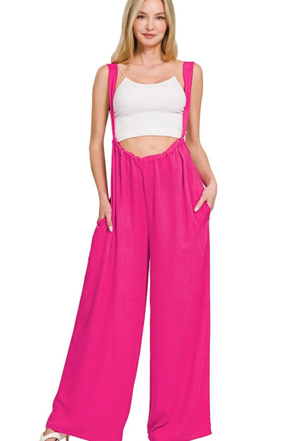 Zenana Woven Tie Back Suspender Jumpsuit - Farnelli