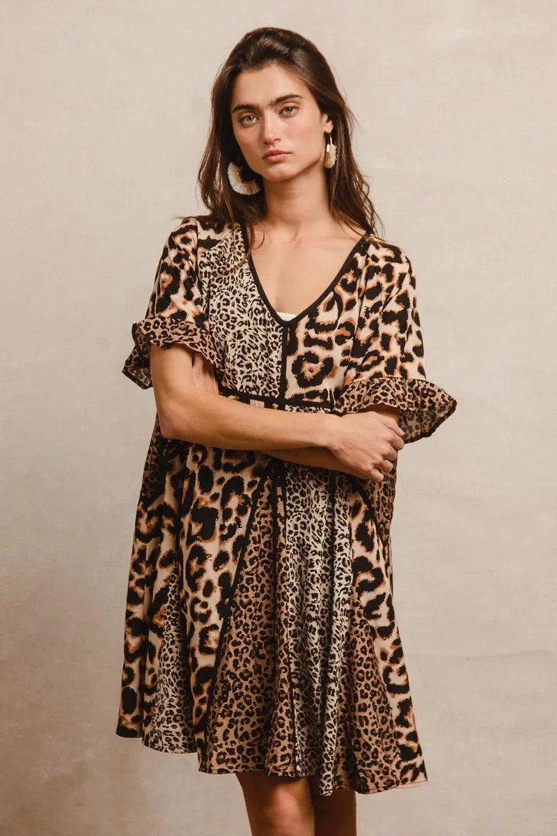 BiBi Leopard Prints Mix and Match Short Sleeves Dress - Farnelli
