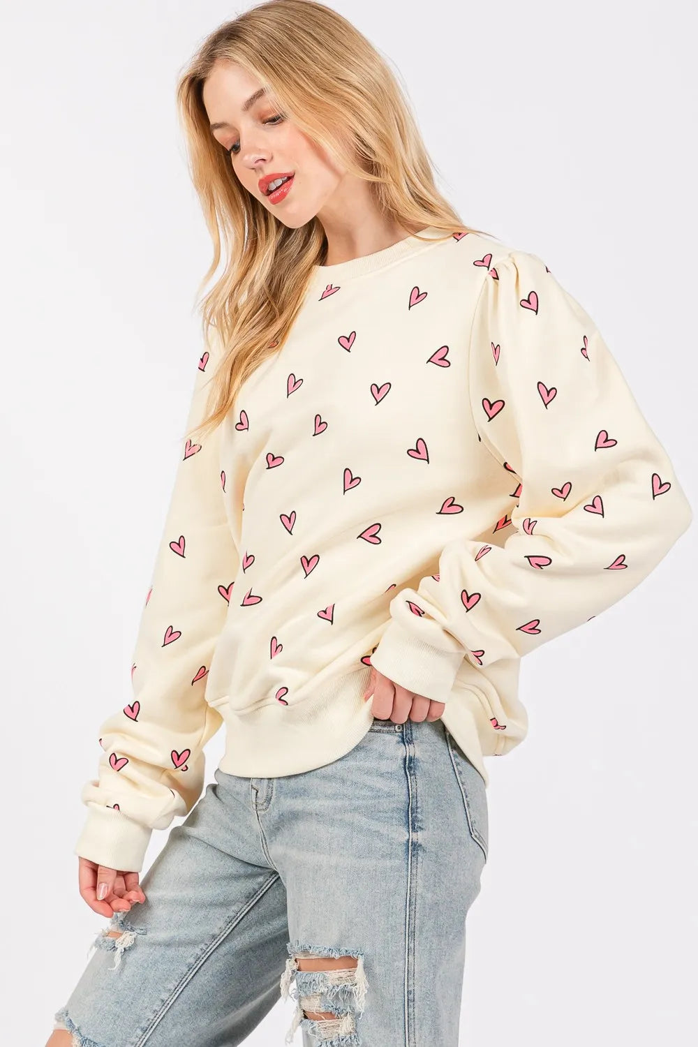 SAGE + FIG Heart Printed Contrast Long Sleeve Sweatshirt - Farnelli