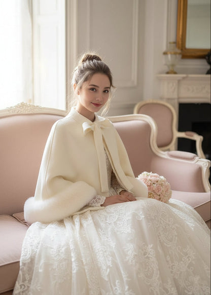 Ivory Cream Bridal Cape with Faux Fur Trim (Amanda Ivy06)
