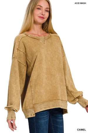 Zenana French Terry Acid Wash Pullover - Farnelli
