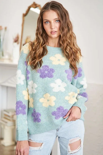 ADORA Full Size Floral Popped 2-Tone Sweater Top Plus Size - Farnelli