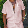 Men's Full Size Button Up Short Sleeve Shirt and Shorts Plus Size - Pink Suit