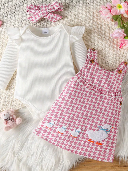 Children's Ruffled Trim Bodysuit and Dress Set with Headband - Farnelli